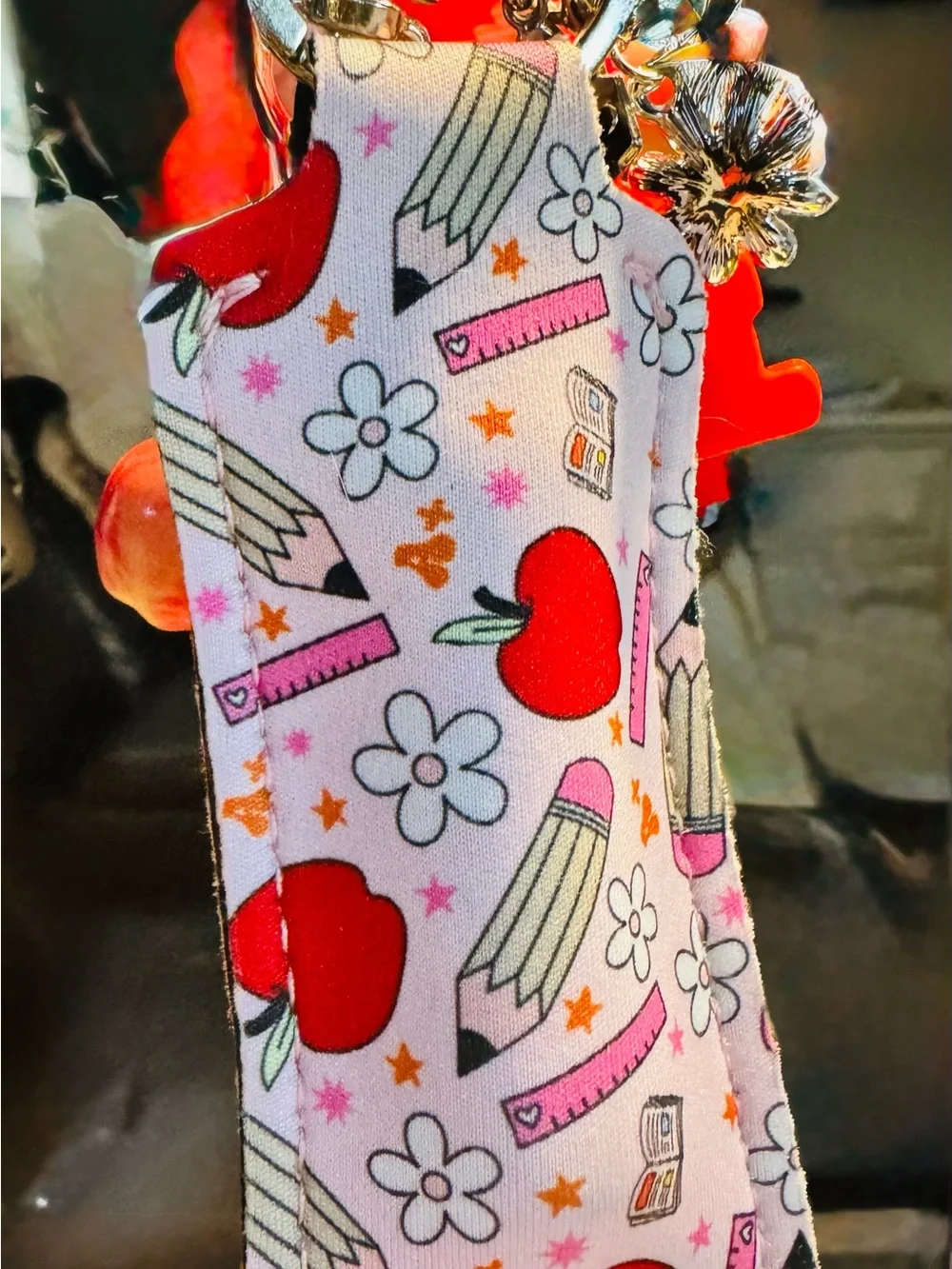 Kids Pink Daisy Back to School Charm Lanyard with Pencil & Apple Charms